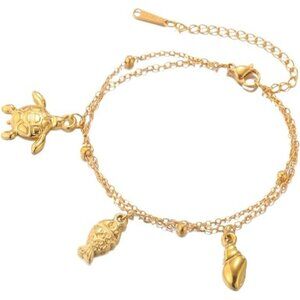 Clownfish Conch Turtle Gold Color Stainless Steel Ocean Charm Bracelet